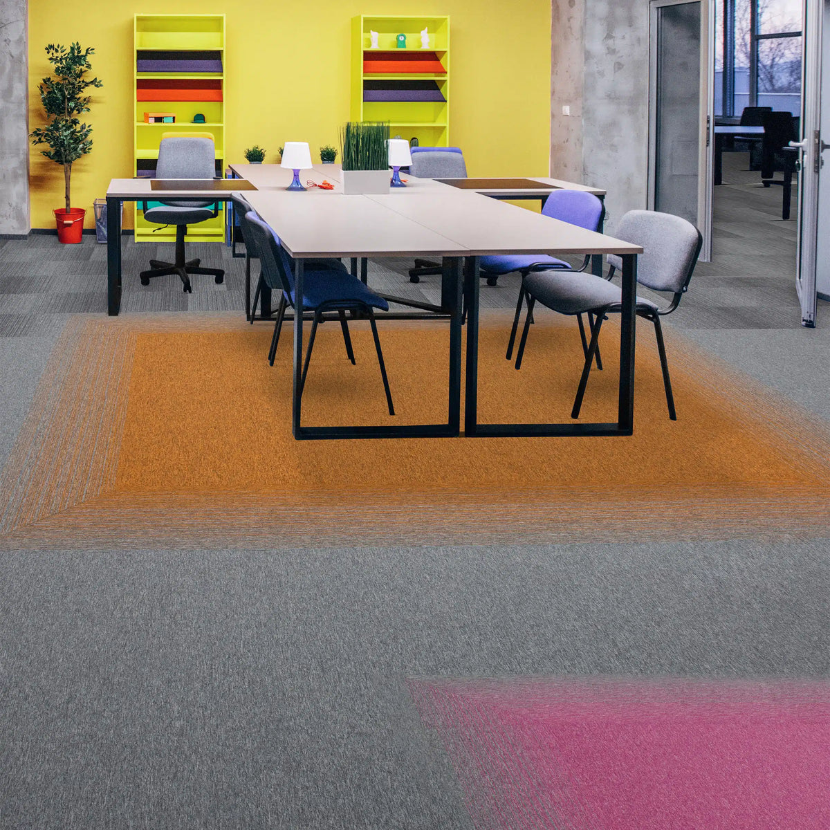 Burmatex Tivoli Mist carpet tiles in orange, grey and pink zoning a meeting room