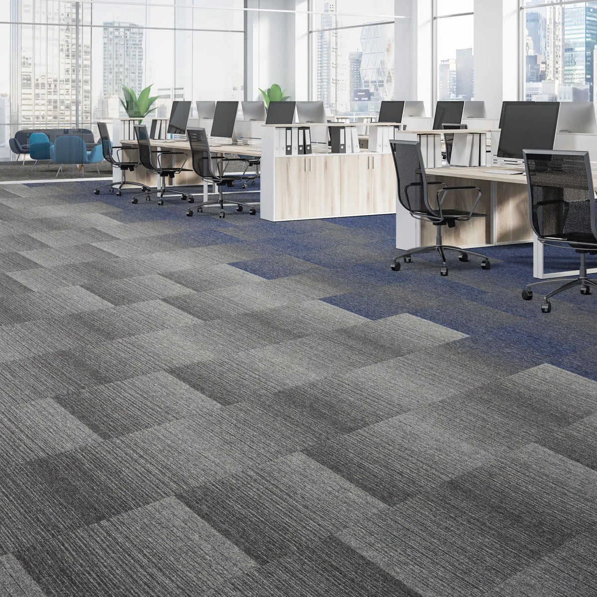 Burmatex Tivoli Mist carpet tiles in blue and grey in an open plan city centre office