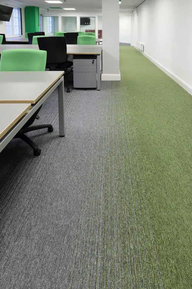 Burmatex Tivoli Mist carpet tiles in green and grey laid in a Manchester office workspace