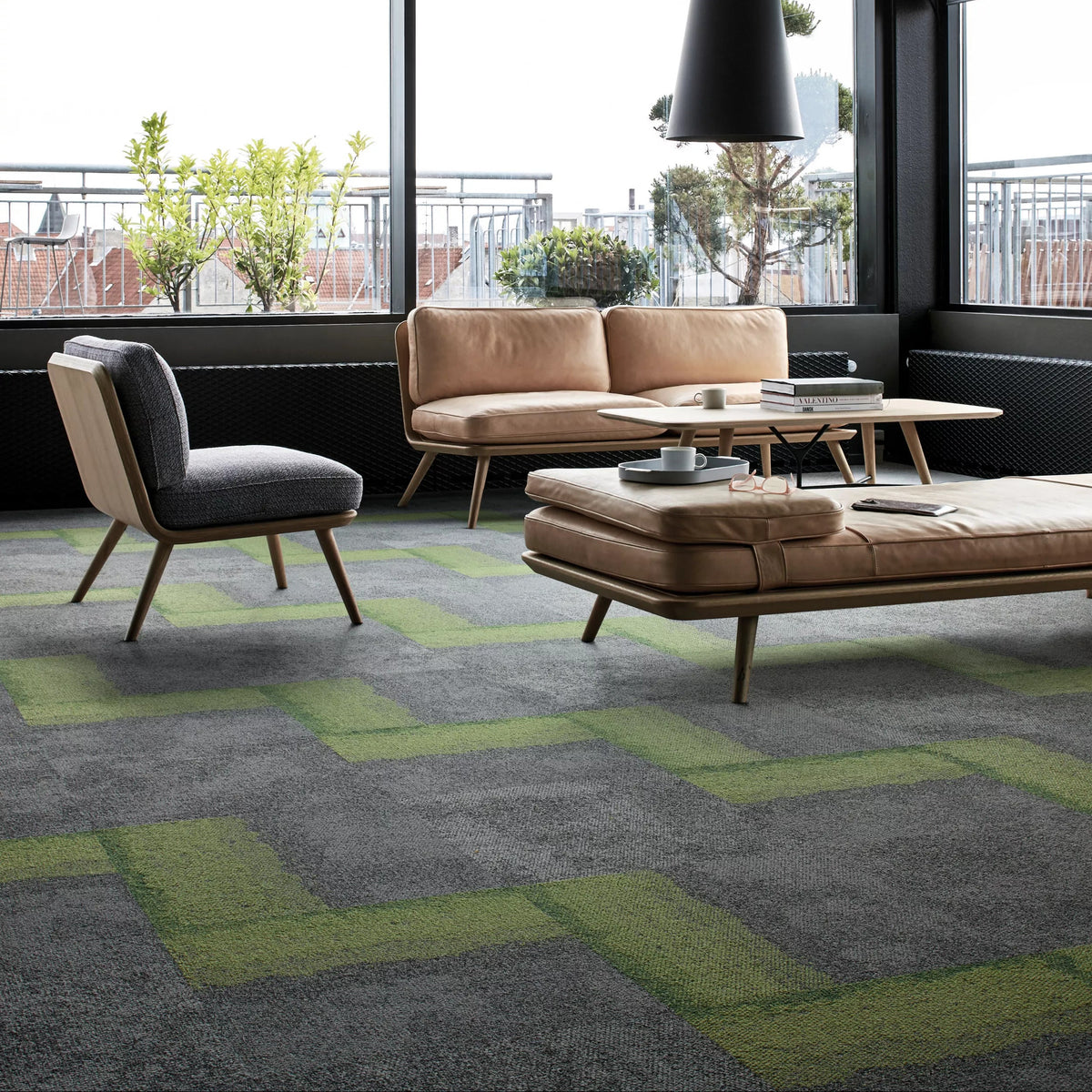 Interface Composure Edge carpet tiles in Olive/Seclusion with Composure Seclusion in a lounge area