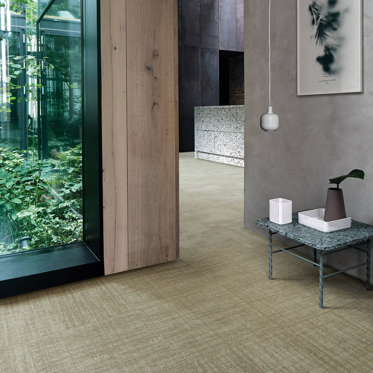 Interface Contemplation carpet tiles in Artisan with Composure Contemplate in a hallway