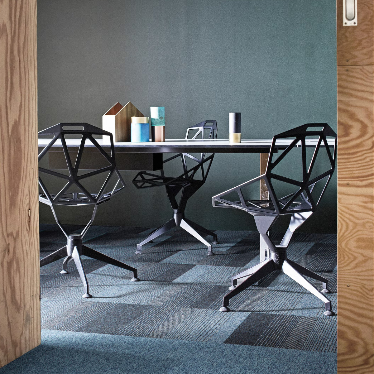 Interface Employ Lines Waterfall carpet tiles with Employ Loop Nordic in a meeting room