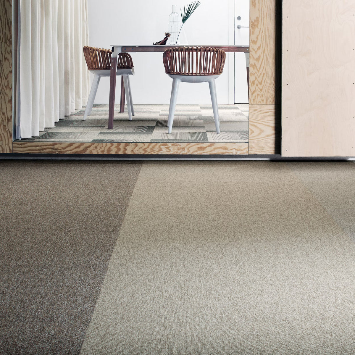 Interface Employ Loop carpet tiles in Truffle, Raffia and Nutmeg with Employ Lines Harvest