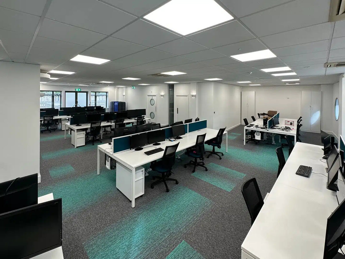 Tivoli® carpet tiles in an open-plan office with teal and grey flooring - installation example for Tivoli® Carpet Tiles in Tropic Purple